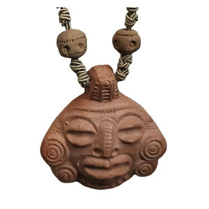 Vtg PreColumbian Inspired Terra Cotta Mask Pendant Beaded Braided Necklace